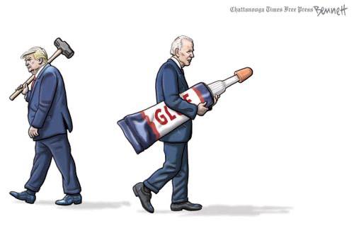 Trump holding a sledgehammer, Biden holding glue